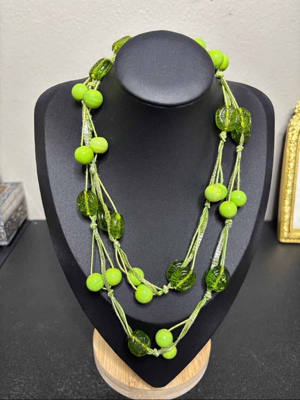 Vintage Imprinted Green Glass Long Strand Popover Necklace Cord